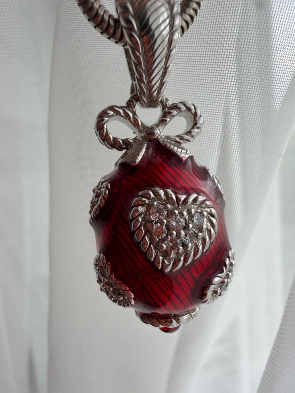 Judith Ripka Sterling Silver Red Enamel Pave Heart Egg Enhancer Pendant Vintage